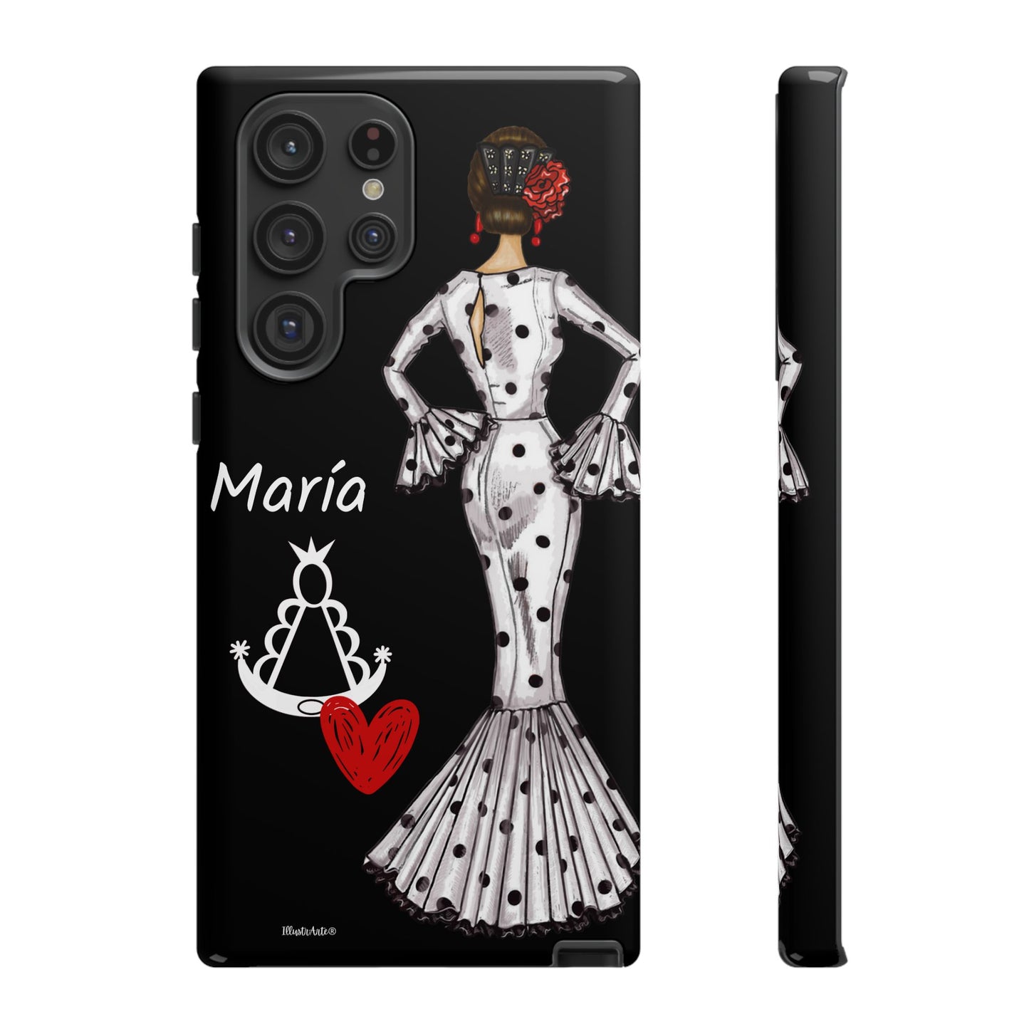 una funda de teléfono con una mujer en un vestido y un corazón