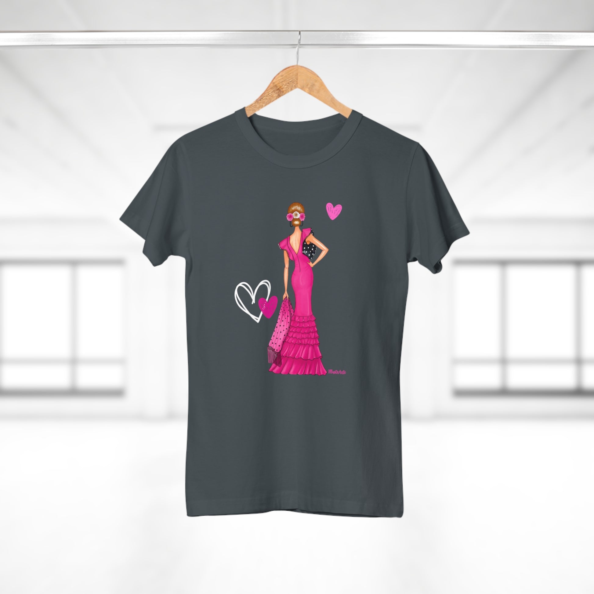 a t - shirt with a woman in a pink dress