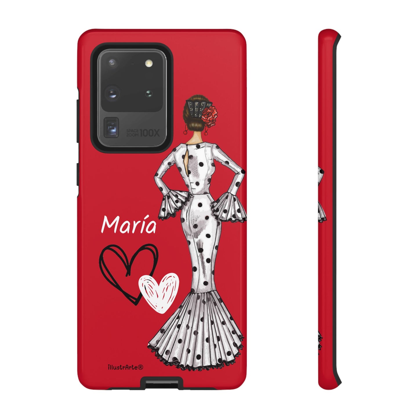 Personalized Maria phone case, white with red hearts background – for iPhone, Samsung, Pixel