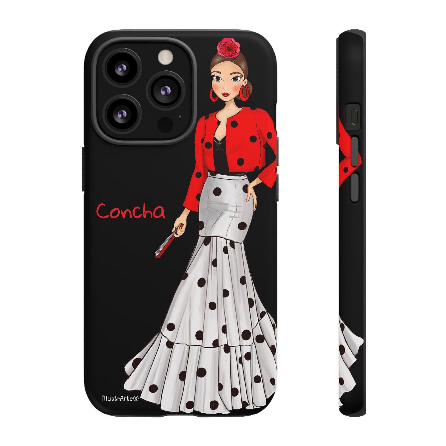 Funda de teléfono estilo Conchita sobre fondo negro con diseño personalizable.