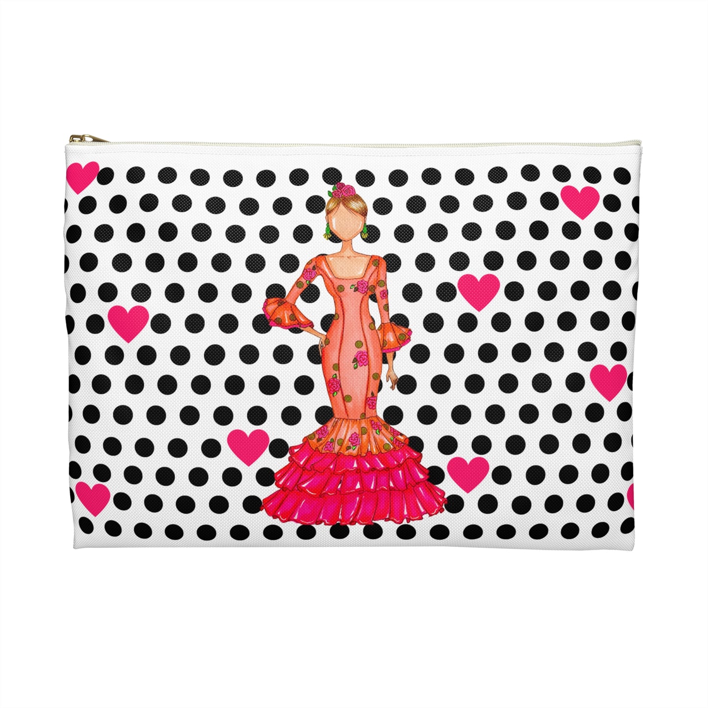 a polka dot purse with a woman in a pink dress