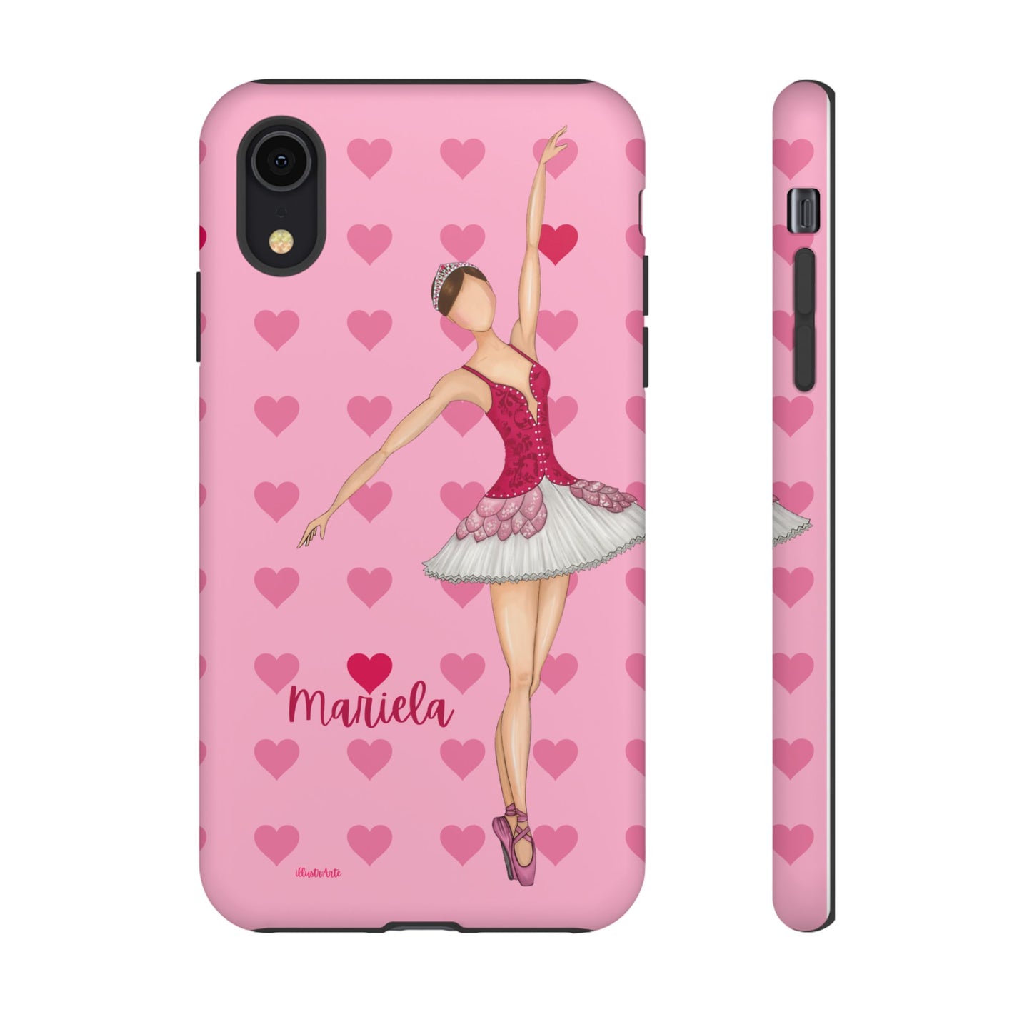 una funda de teléfono rosa con una bailarina en ella