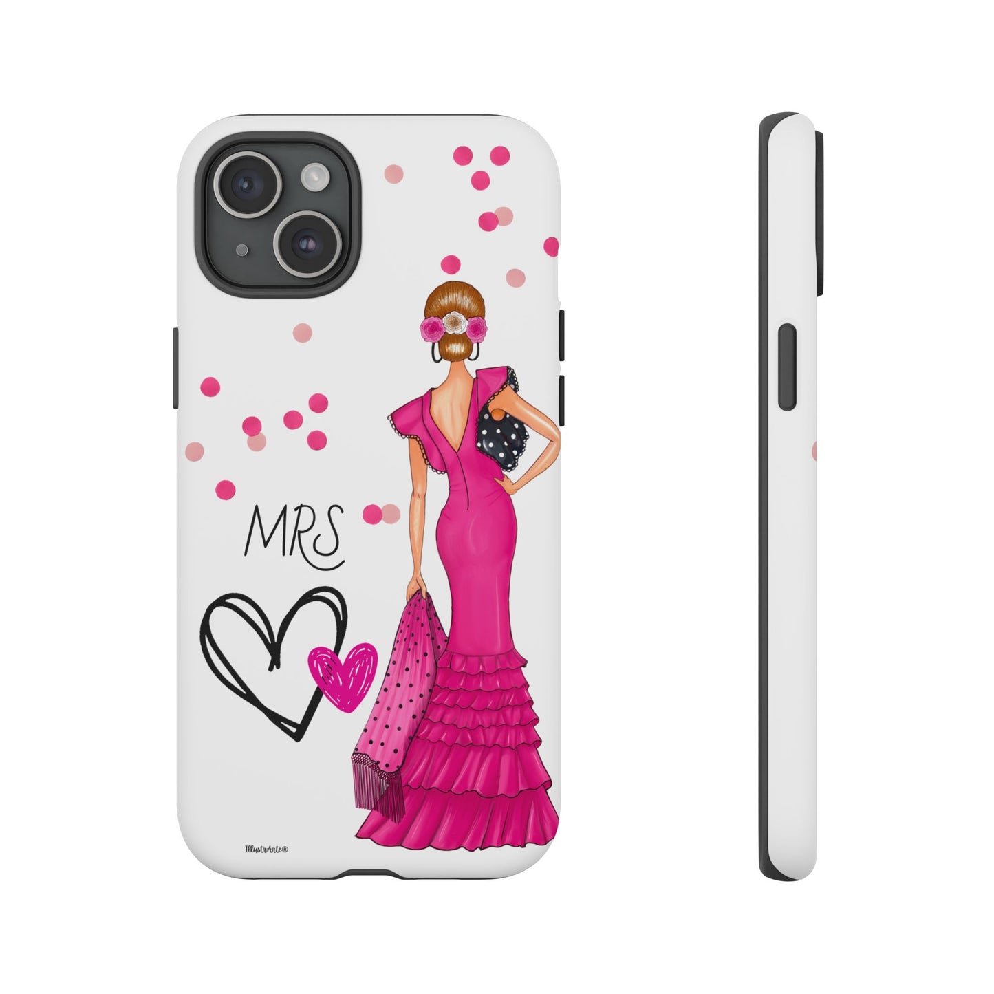 una funda de teléfono con una mujer en un vestido rosa