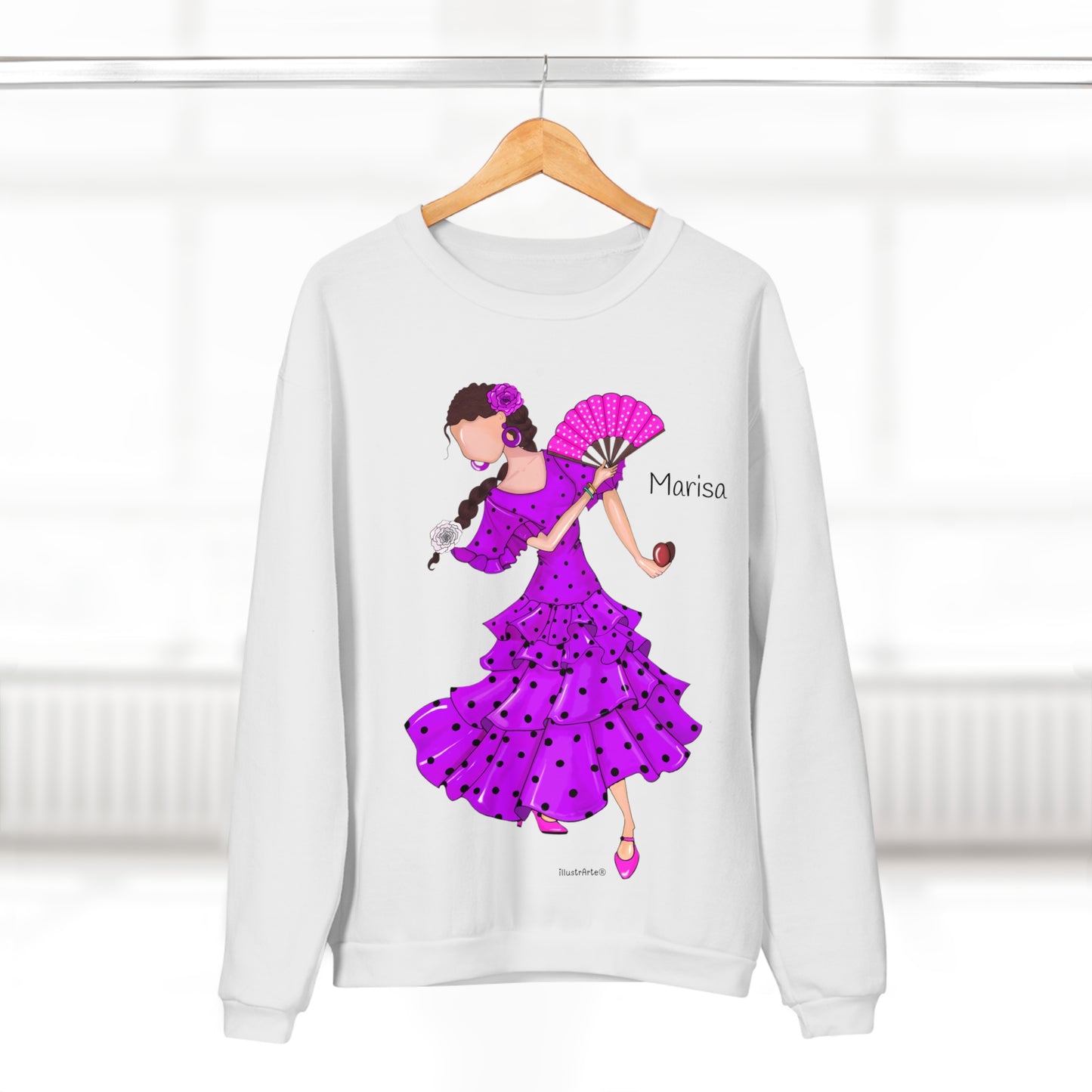 Sudadera Personalizable  - Flamenca Marisa, fondo Blanco.