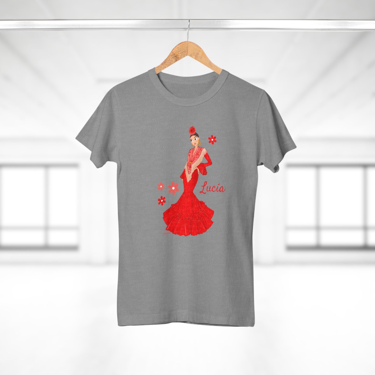 a t - shirt with a woman in a red dress