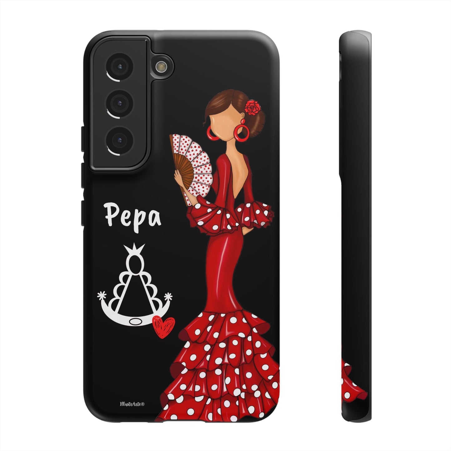 Personalized Pepa phone case on a black background with the Virgin Mary – for iPhone, Samsung, Pixel