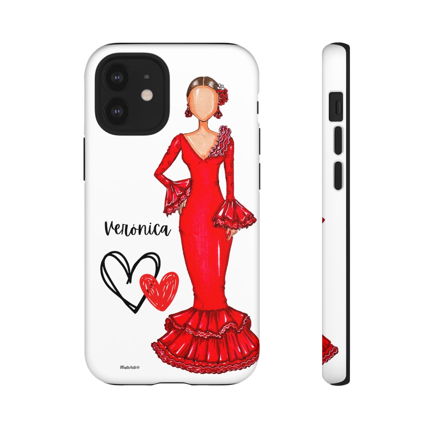 una funda de teléfono con un dibujo de una mujer en un vestido rojo