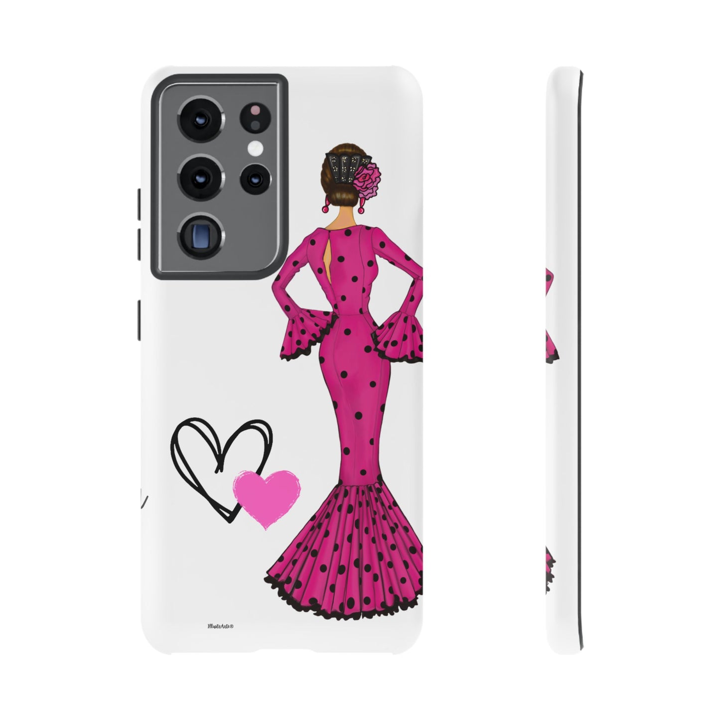 una funda de teléfono con una mujer en un vestido rosa