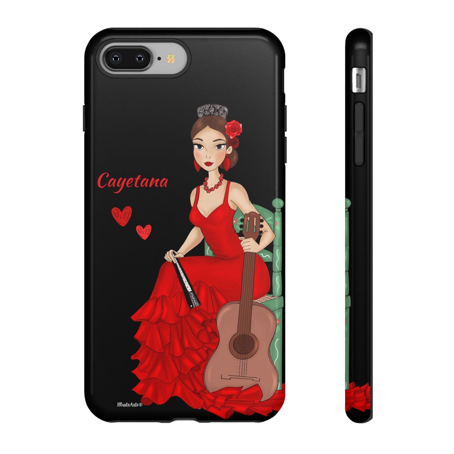 una funda de teléfono con una mujer en un vestido rojo sosteniendo una guitarra