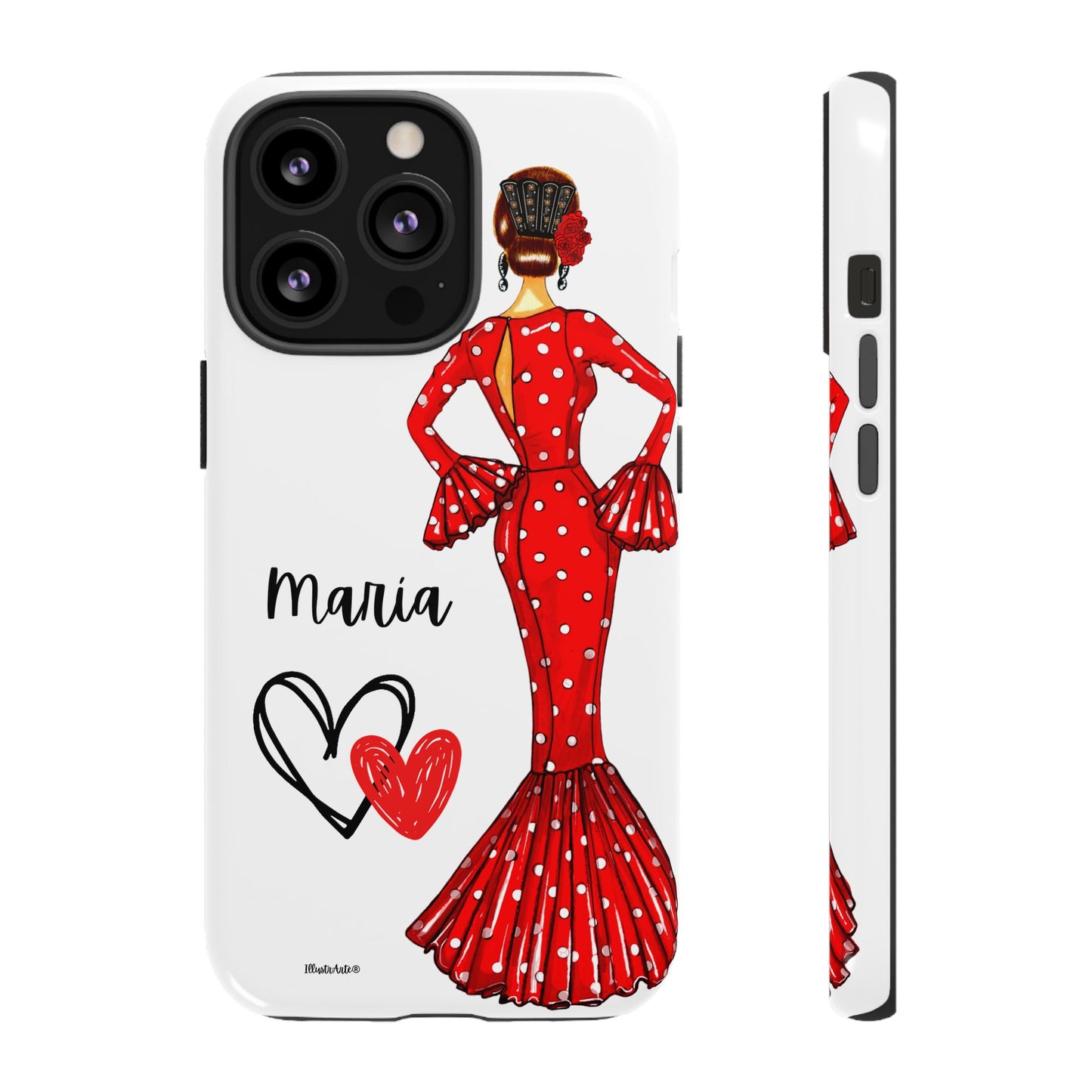 una funda de teléfono con una foto de una mujer en un vestido rojo