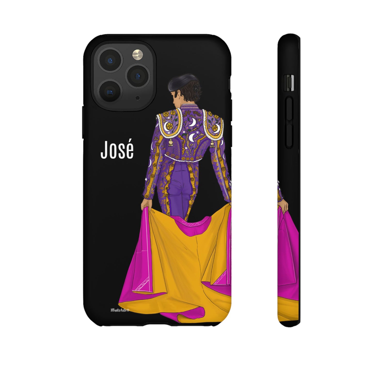 una funda de teléfono con una imagen de un hombre en un traje morado y amarillo