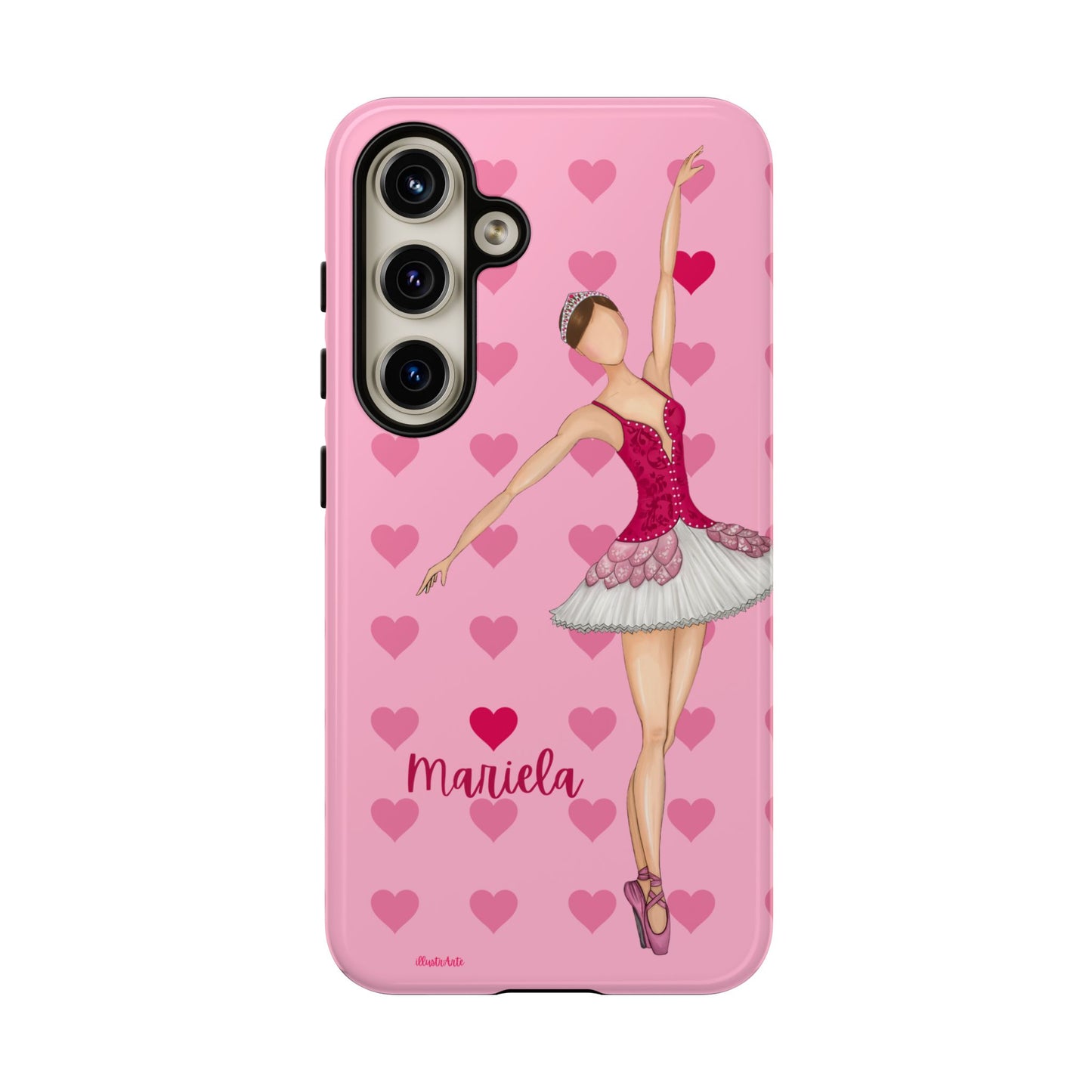 una funda de teléfono rosa con una bailarina en ella