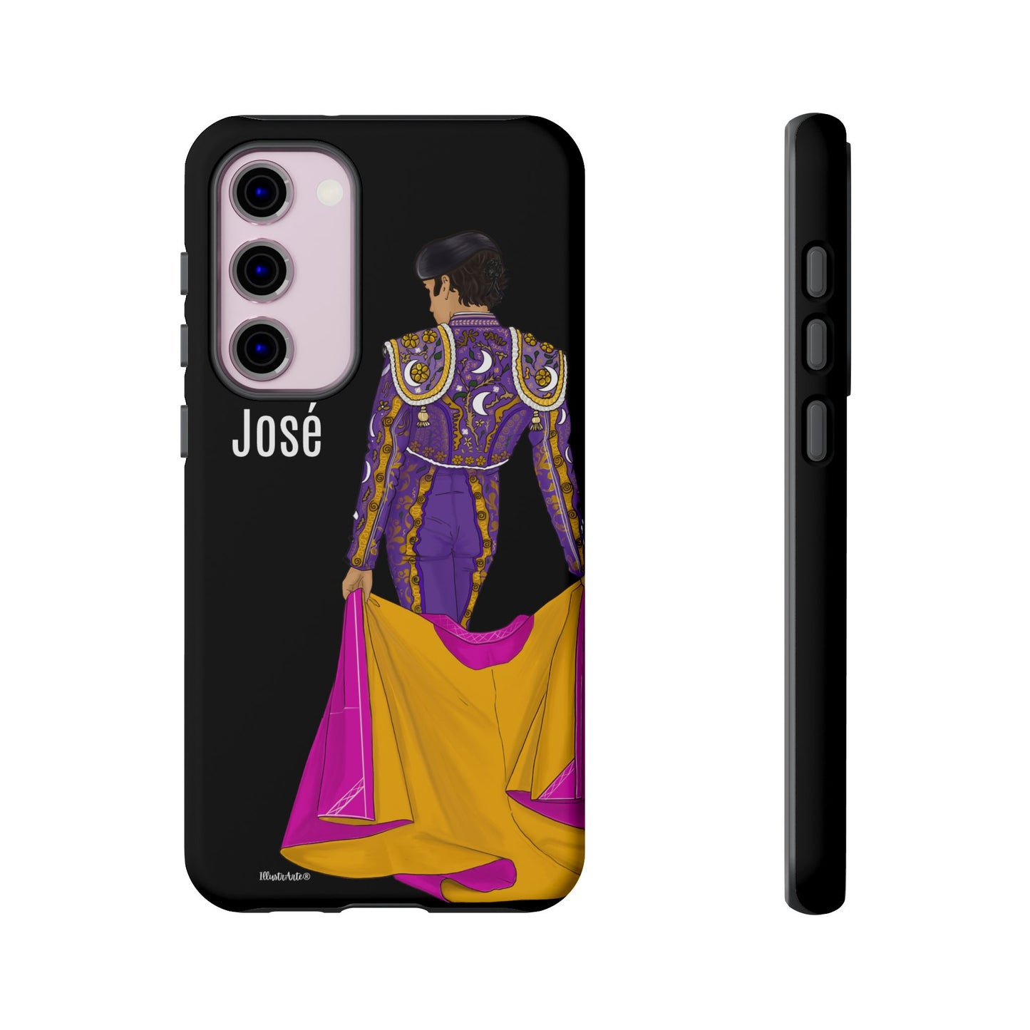 una funda de teléfono con una imagen de un hombre en un traje morado y amarillo