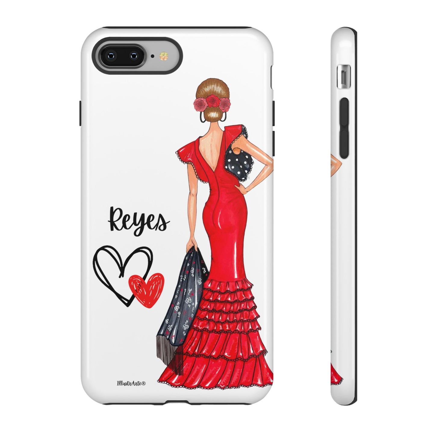 una funda de teléfono con una mujer en un vestido rojo