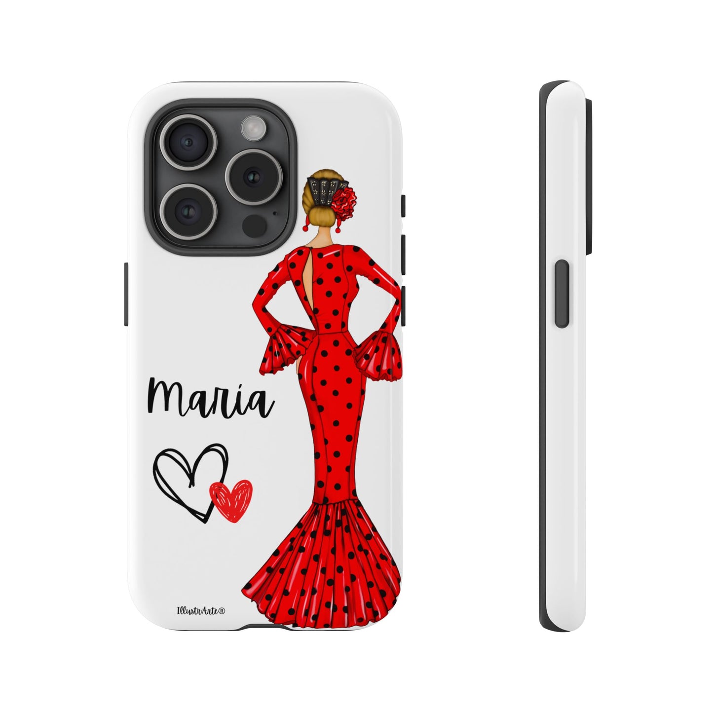 una funda de teléfono con una mujer en un vestido rojo