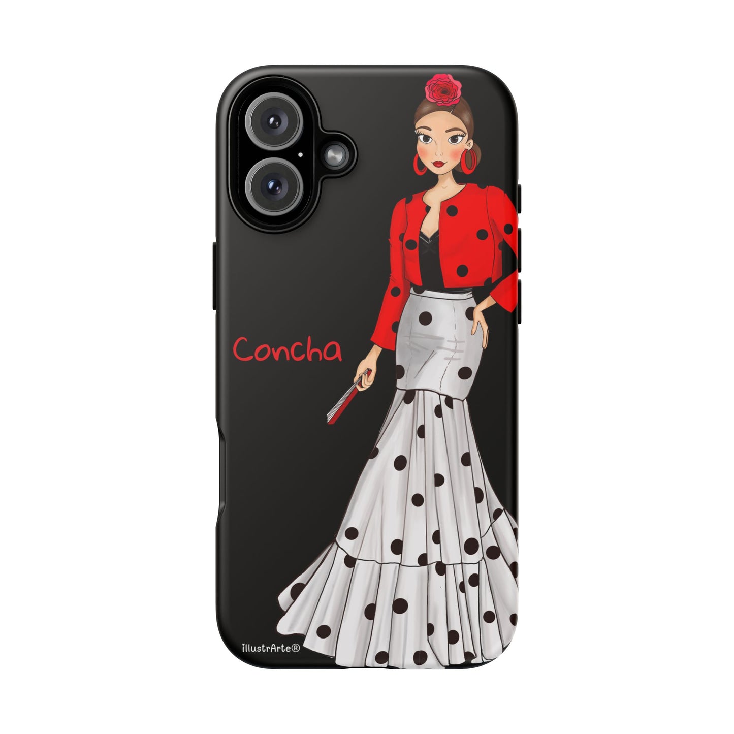 Muestra de la funda de teléfono personalizable - Modelo Conchita fondo negro.