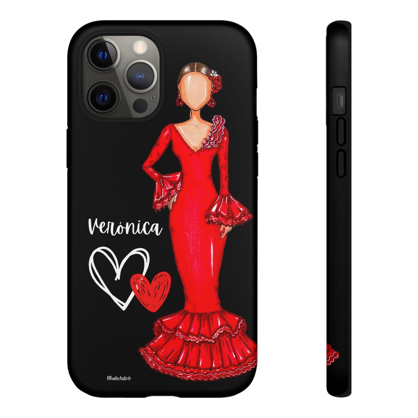 una funda de teléfono con una imagen de una mujer con un vestido rojo