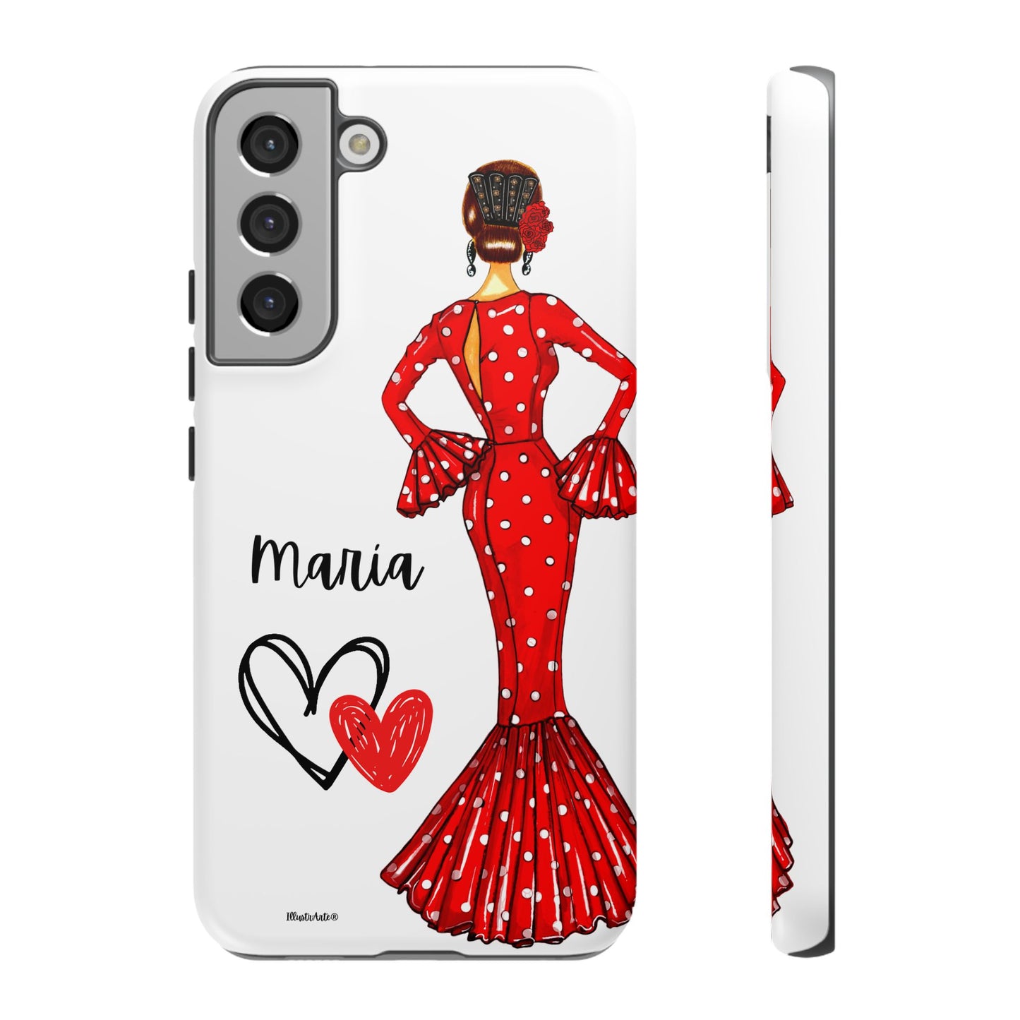 una funda de teléfono con una mujer en un vestido rojo