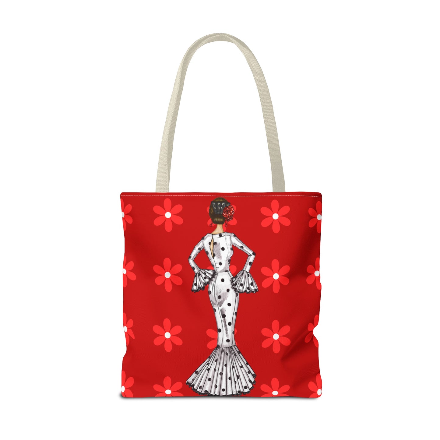 a red tote bag with a dalmatian dog on it