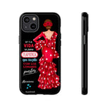 Personalised phone case flamenco dancer Macarena, with quote for iPhone 14 Plus, gloss finish – illustrArte