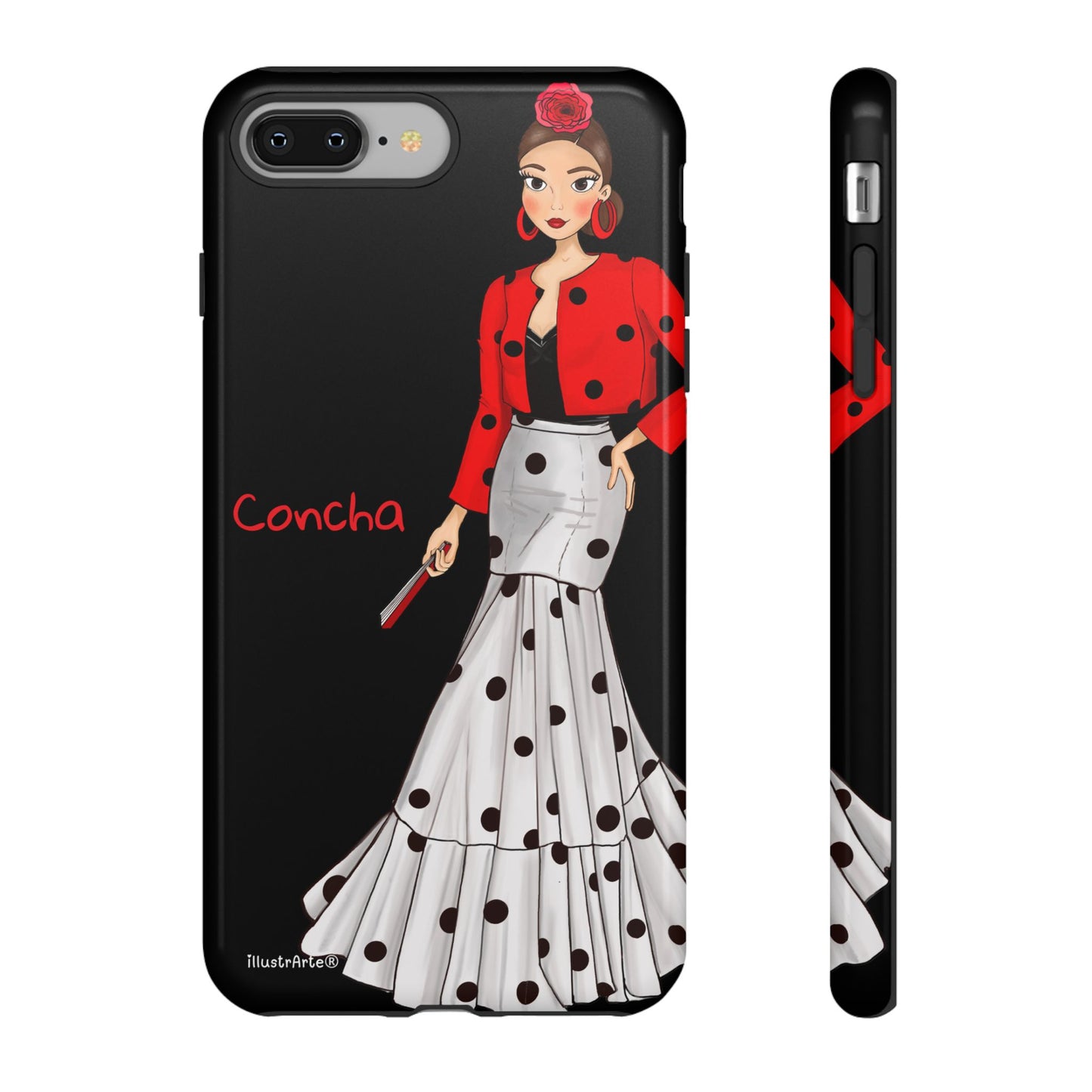 Funda de teléfono modelo Conchita con diseño personalizable sobre fondo negro.