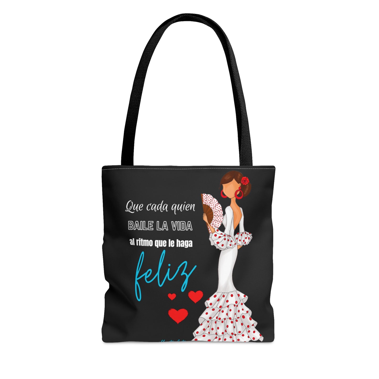 a black tote bag with a picture of a woman in a dress