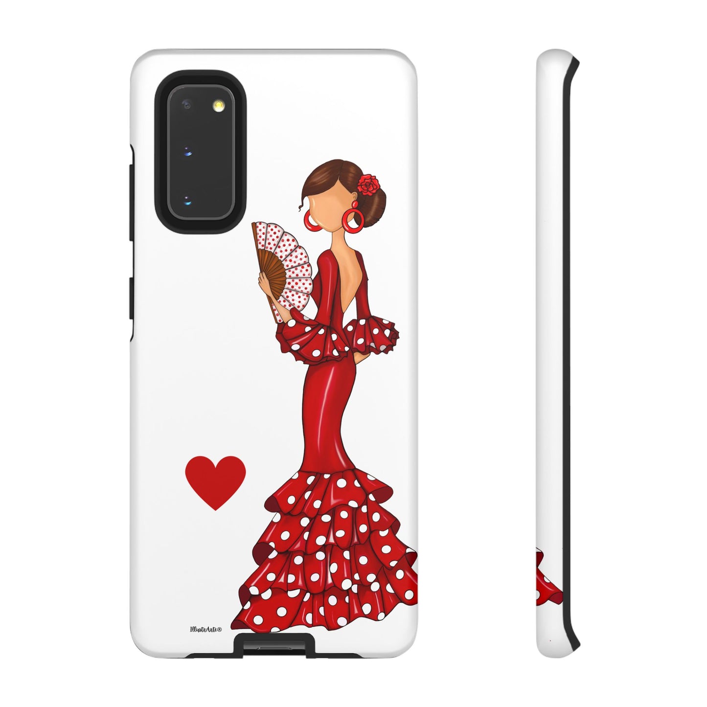 una funda de teléfono con una mujer en un vestido rojo sosteniendo un abanico