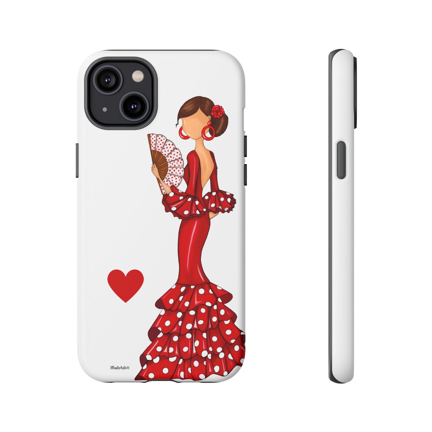 una funda de teléfono con una mujer en un vestido rojo