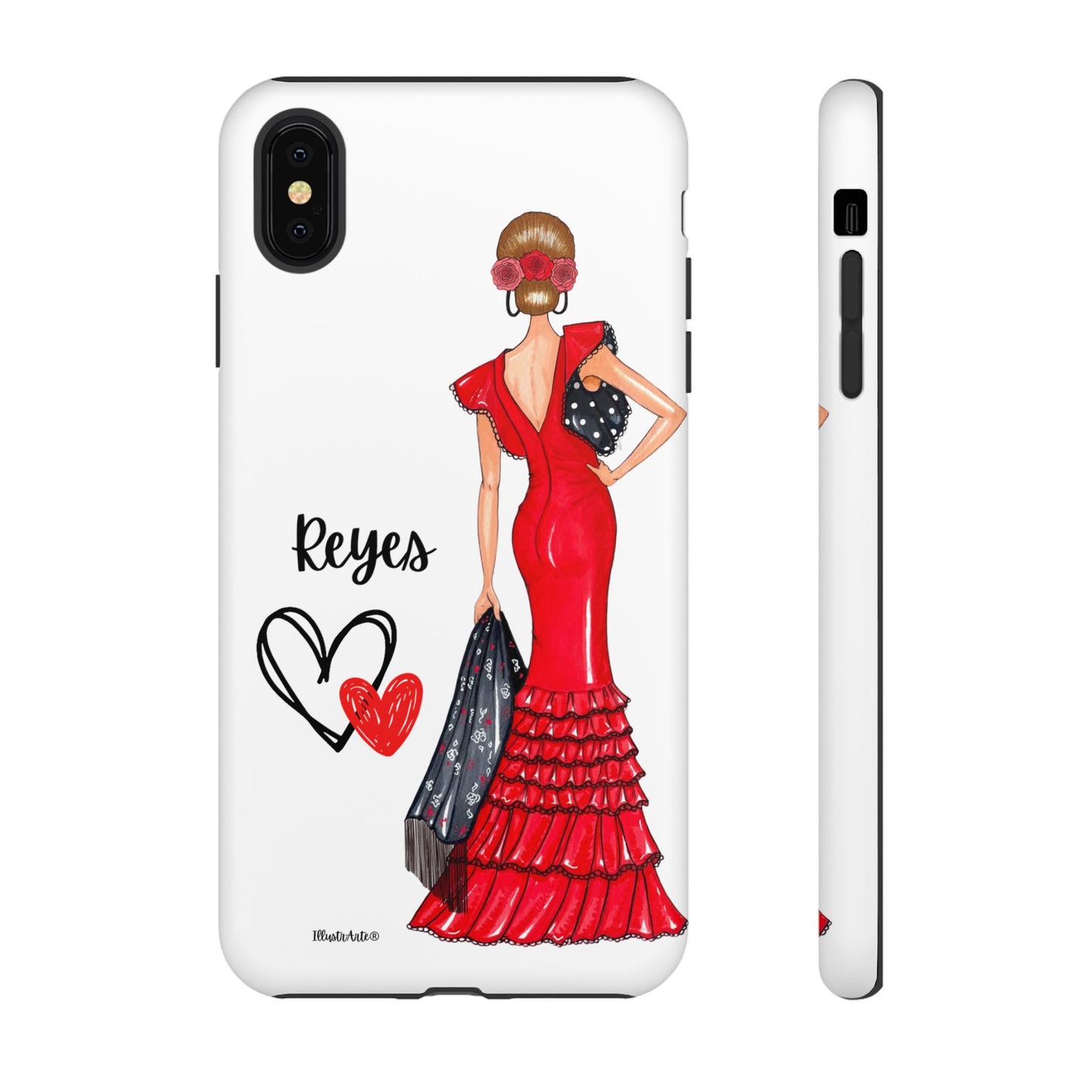 una funda de teléfono con una mujer en un vestido rojo