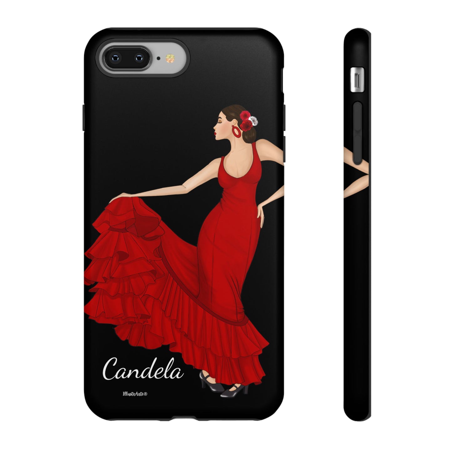 una funda de teléfono con una mujer en un vestido rojo