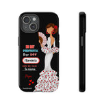 Personalised phone case flamenco dancer Pepa, white dress, with quote for iPhone 15, gloss finish – illustrArte