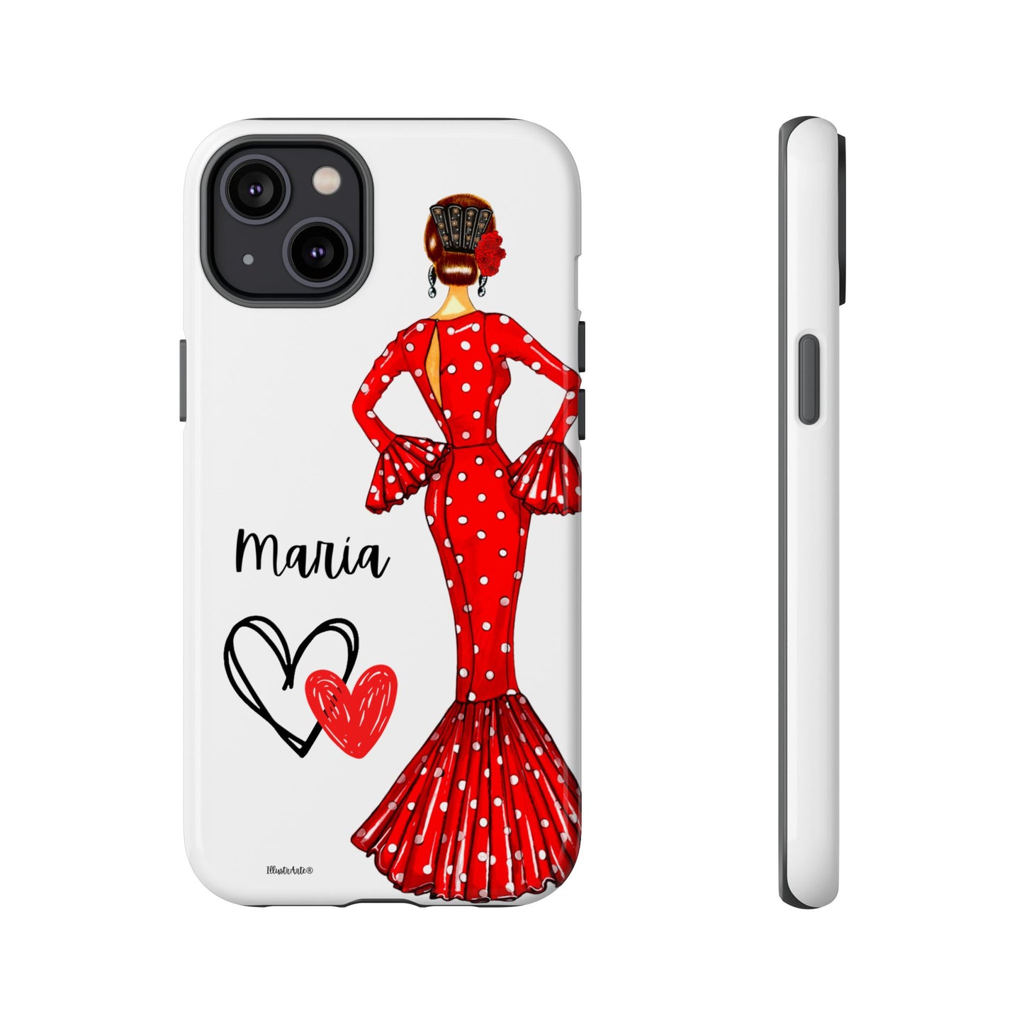 una funda de teléfono con una mujer en un vestido rojo