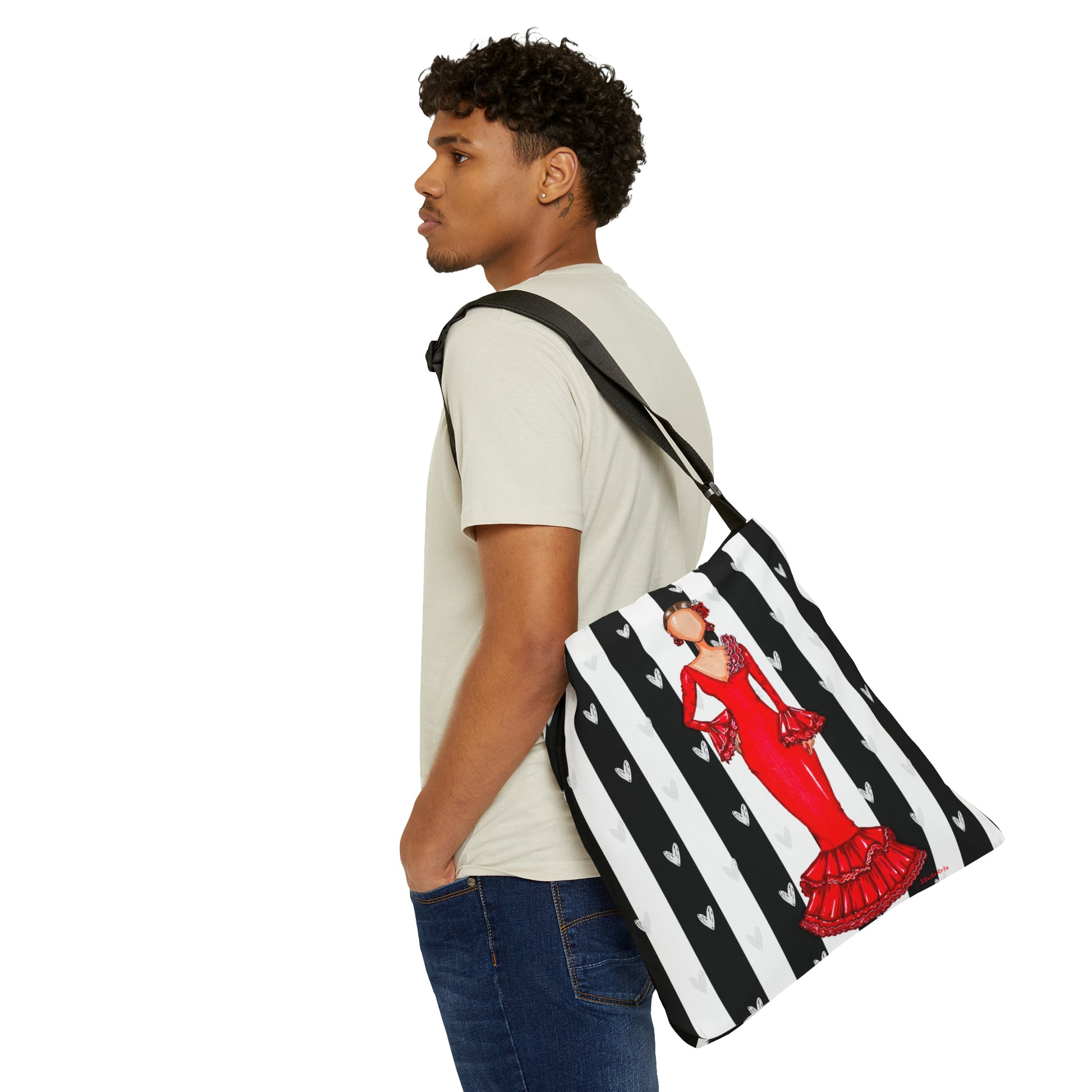 Flamenco Dancer Tote Bag with zip, red dress and white hearts on a black and white stripe design. - IllustrArte