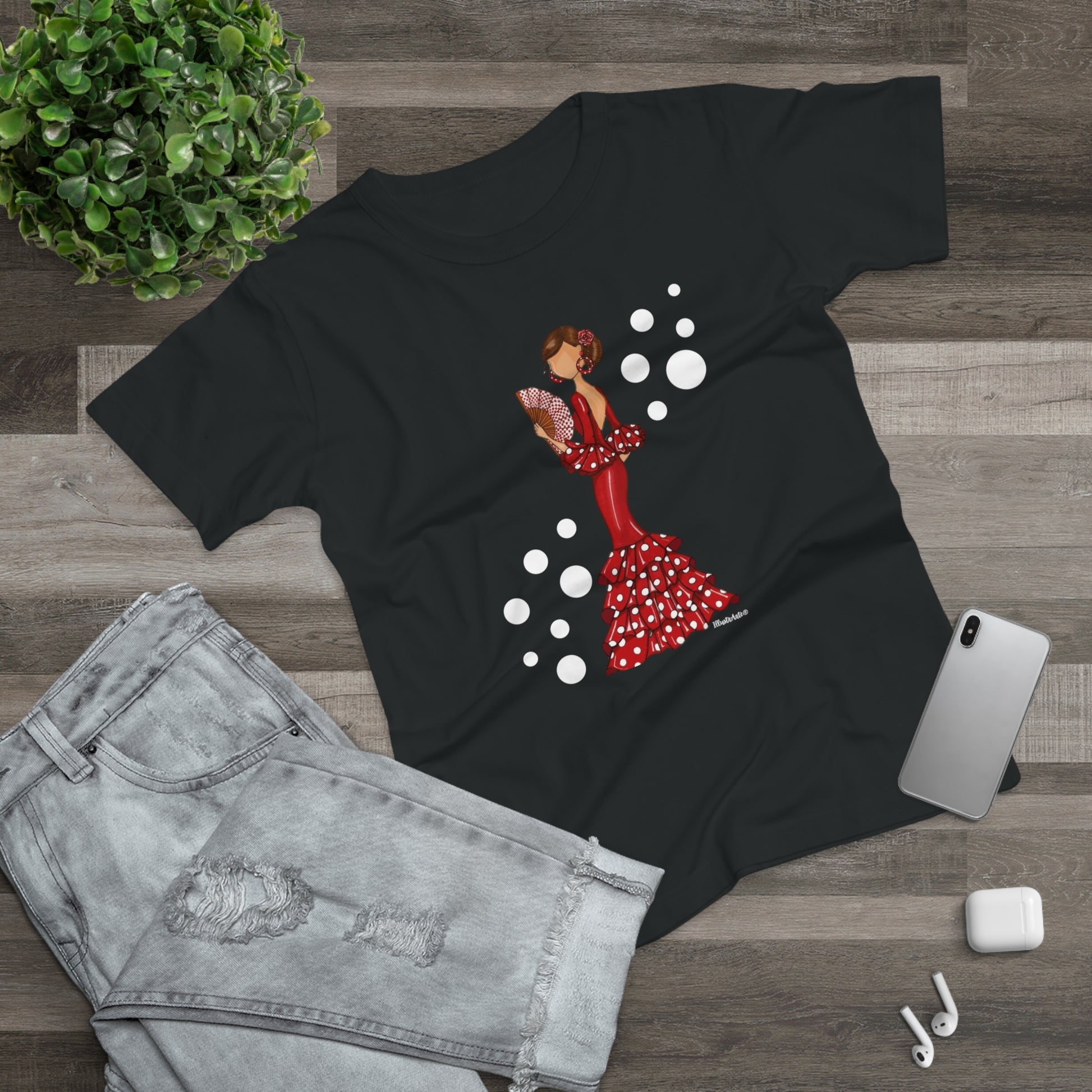 a t - shirt with a picture of a woman in a polka dot dress