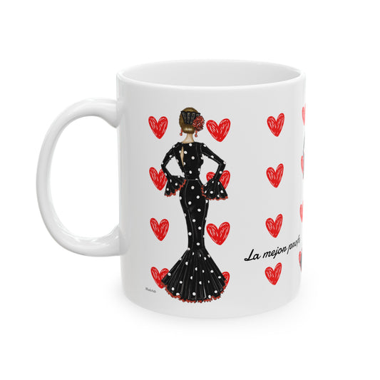 a white coffee mug with a woman in a black dress