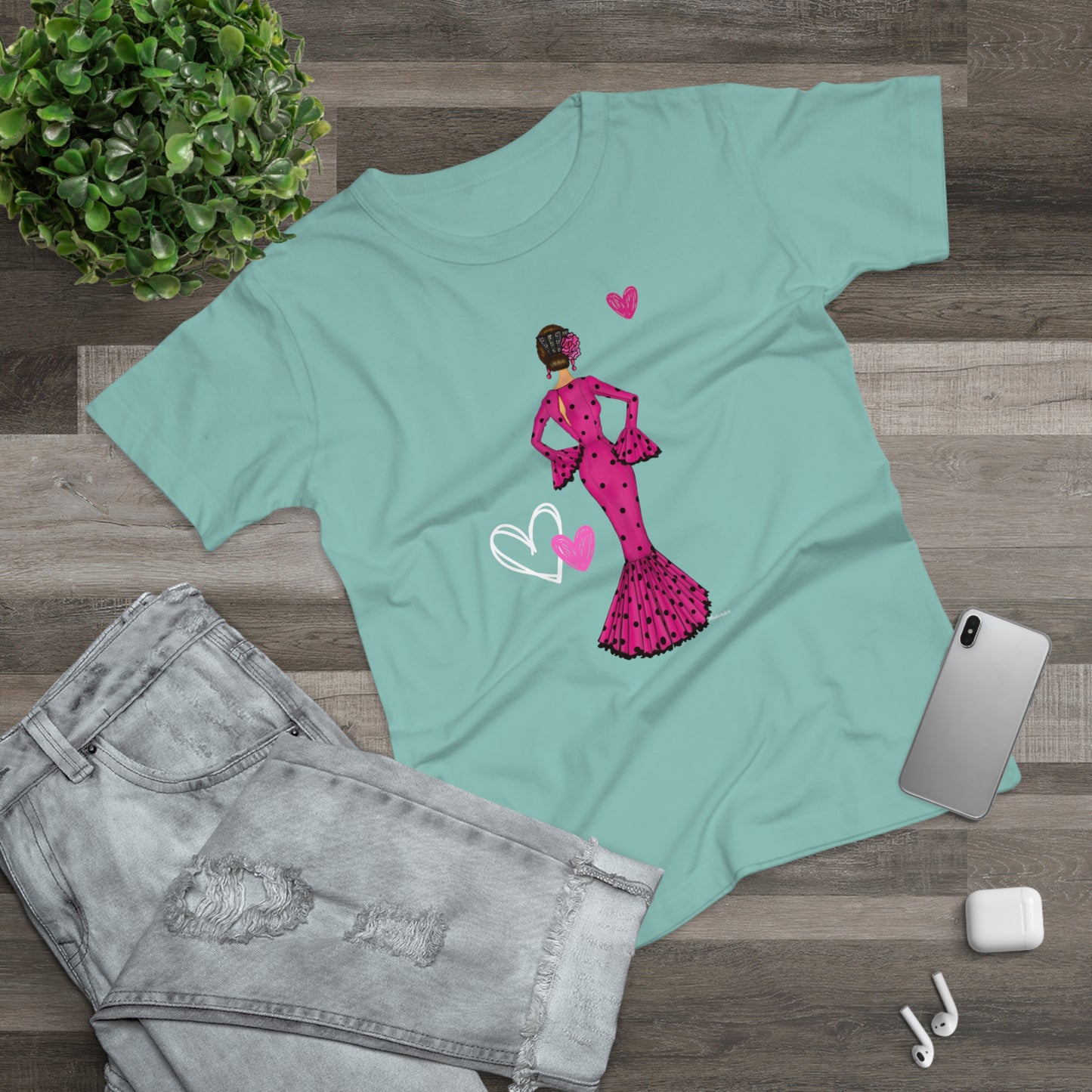 a t - shirt with a woman in a pink dress