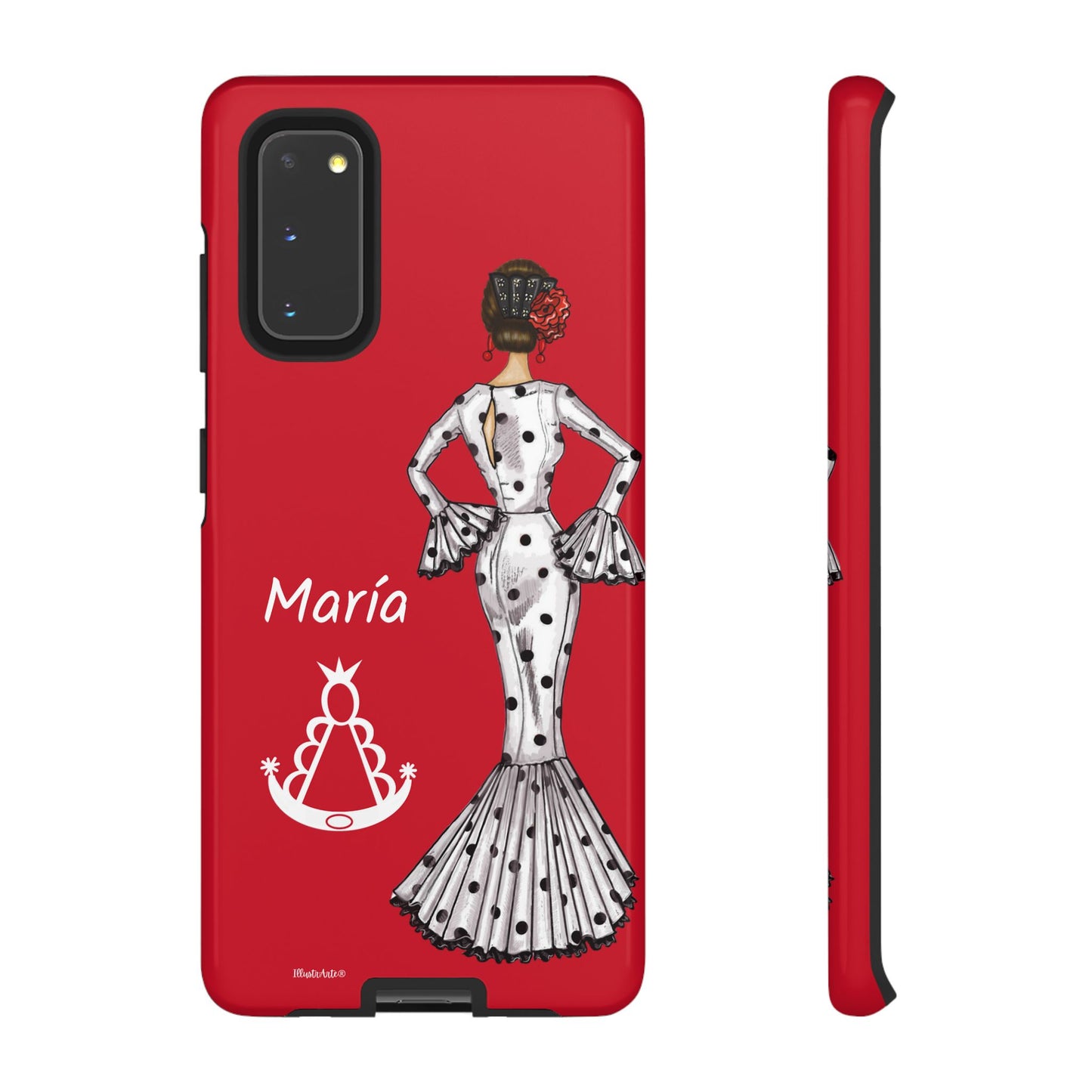 una funda de teléfono roja con una imagen de una mujer en un vestido