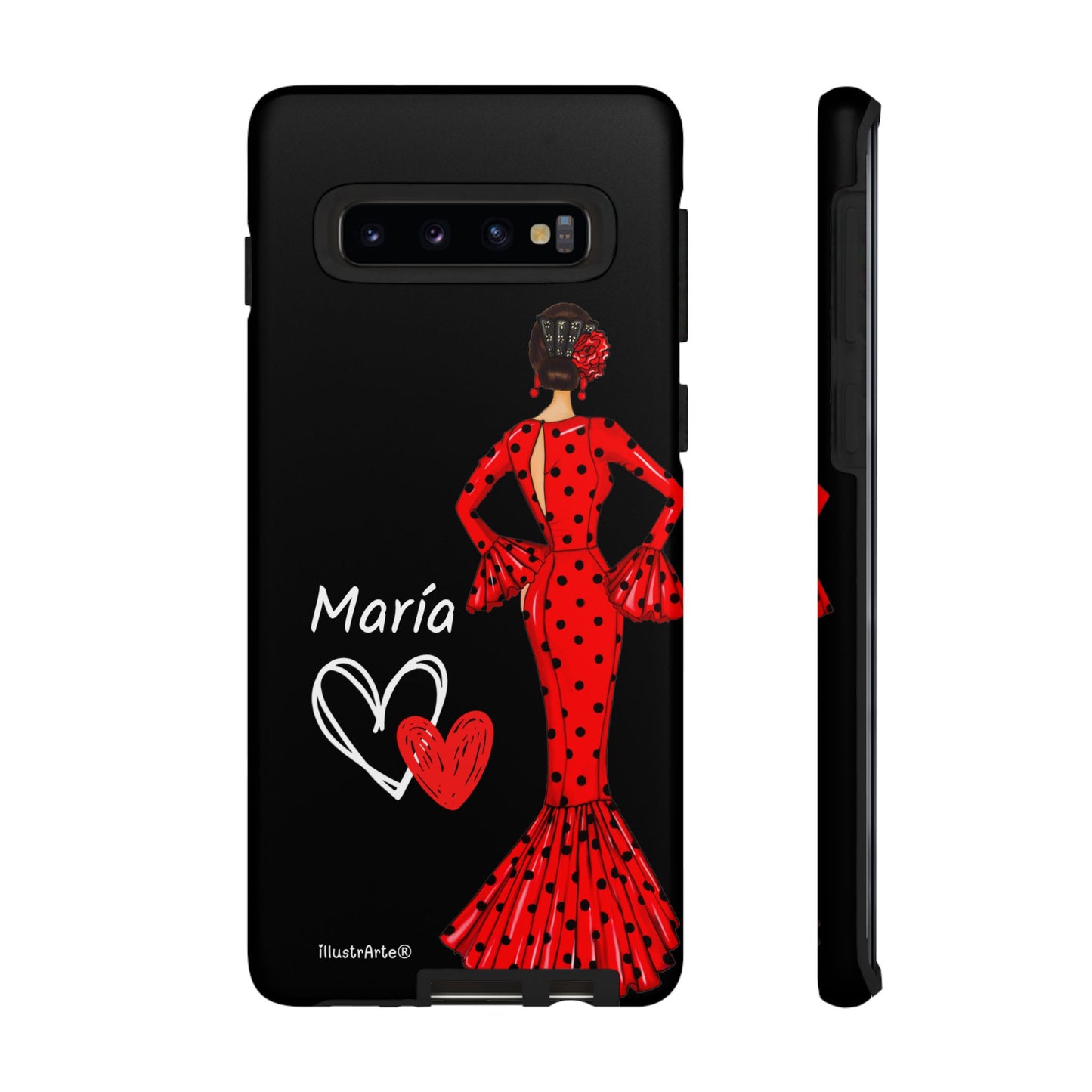 Capa de celular personalizável com nome/bandeira/Virgem - modelo Red Maria com cabelo escuro, fundo preto, para iPhone, Samsung e Google Pixel