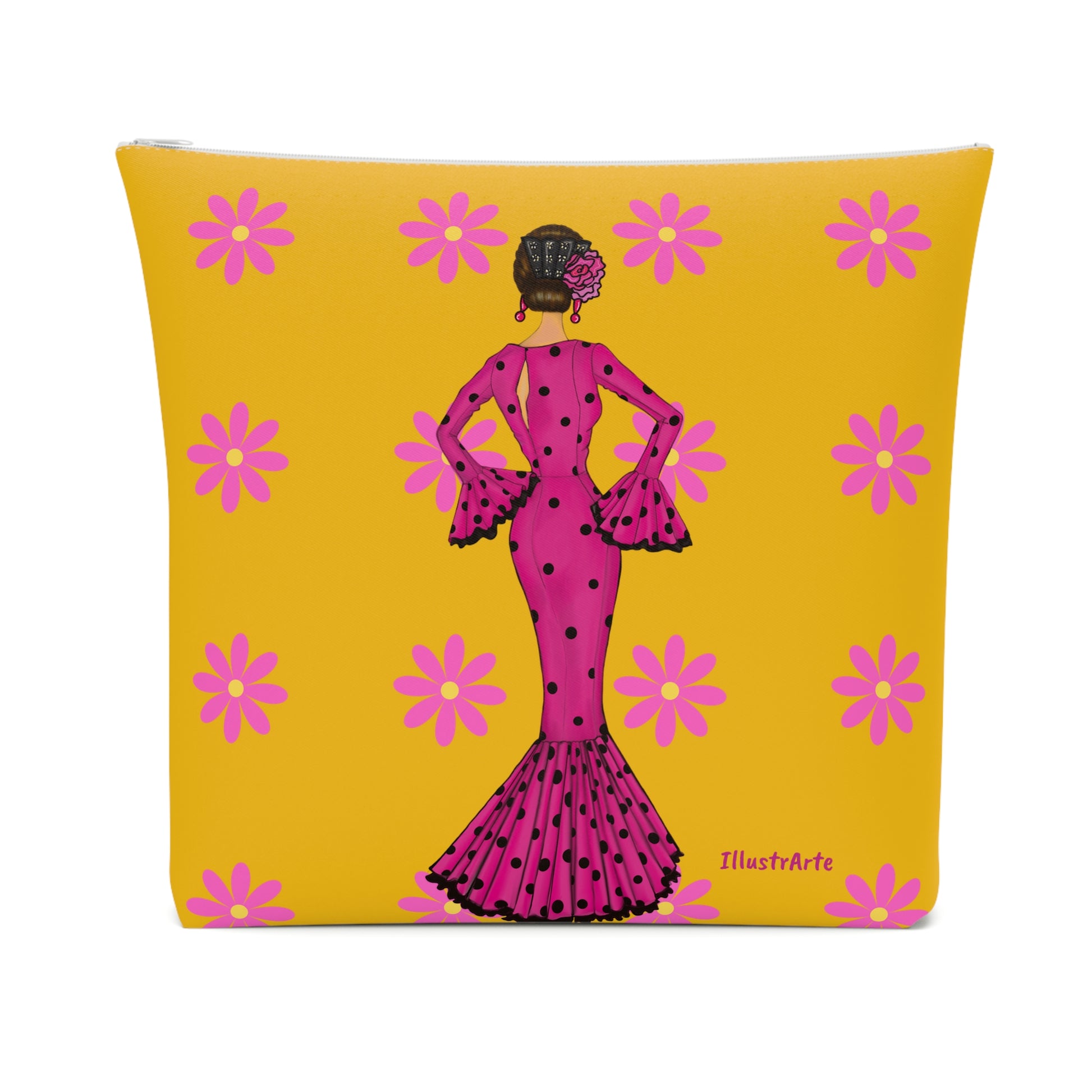 a yellow and pink pillow with a picture of a woman in a pink dress