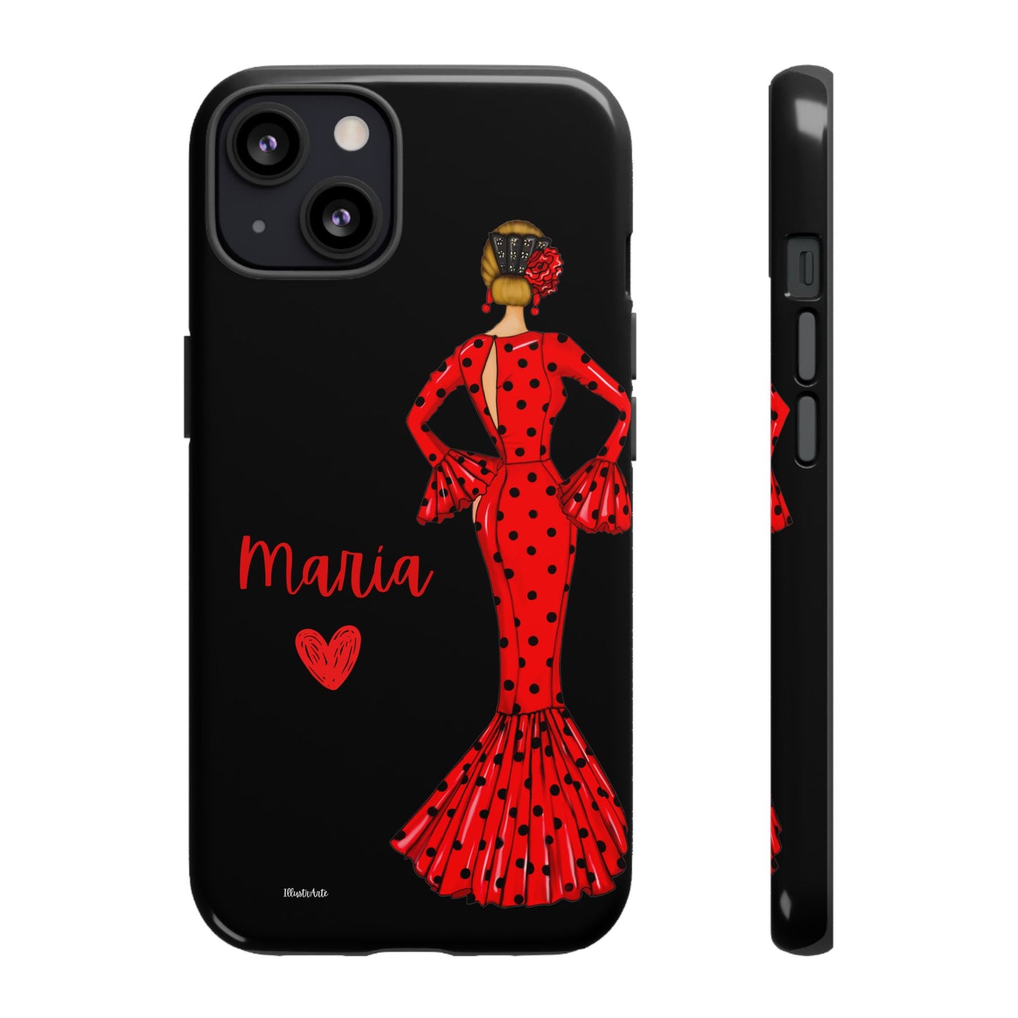 una funda de teléfono con una mujer en un vestido rojo