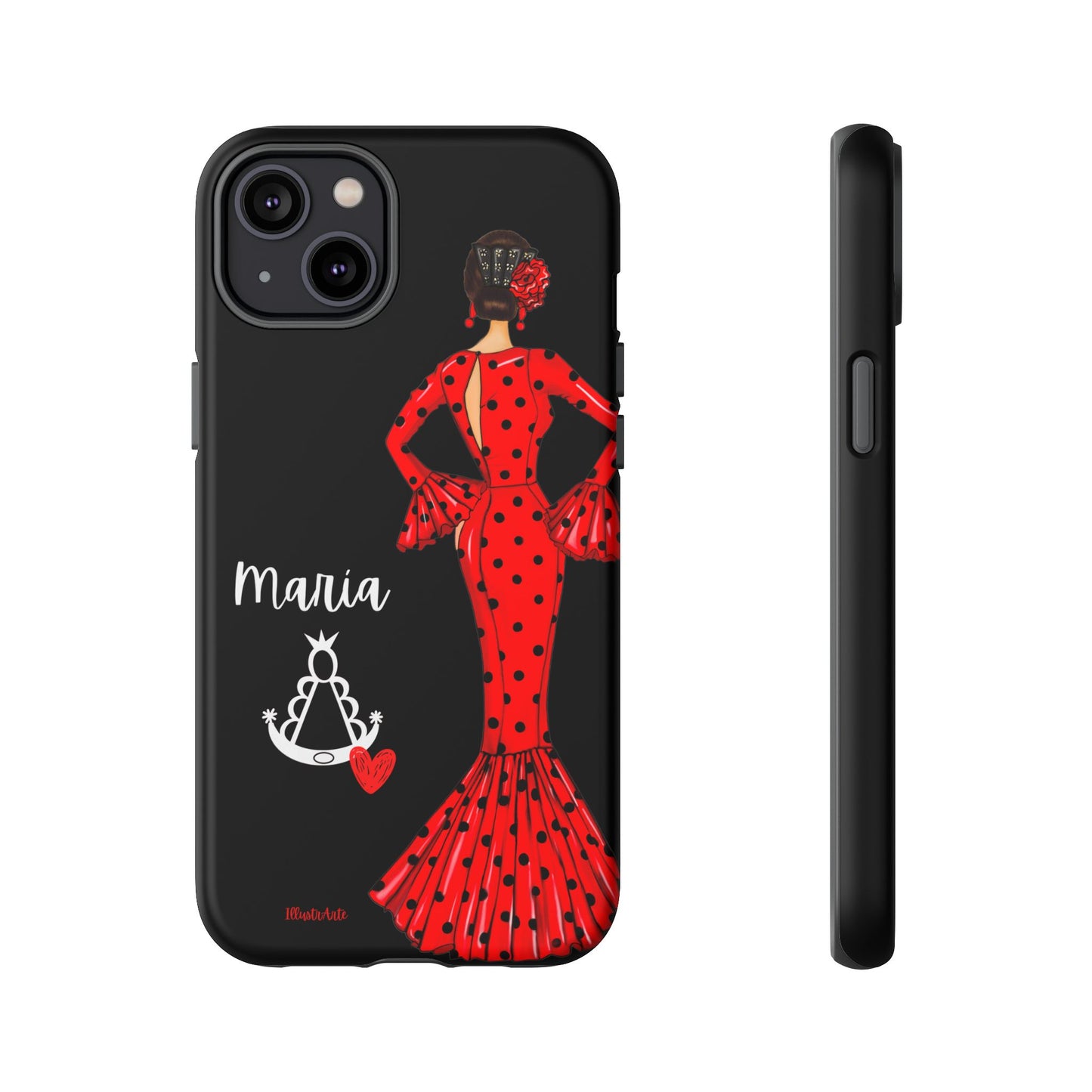 una funda de teléfono con una mujer en un vestido rojo