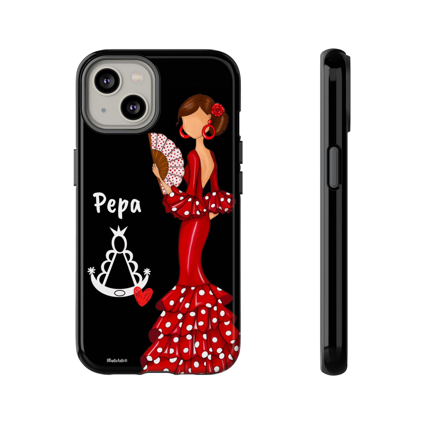 Personalized Pepa phone case on a black background with the Virgin Mary – for iPhone, Samsung, Pixel