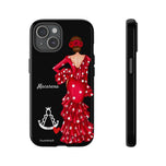 Personalised phone case flamenco dancer Macarena, with a little Virgin Mary for iPhone 15, gloss finish – illustrArte