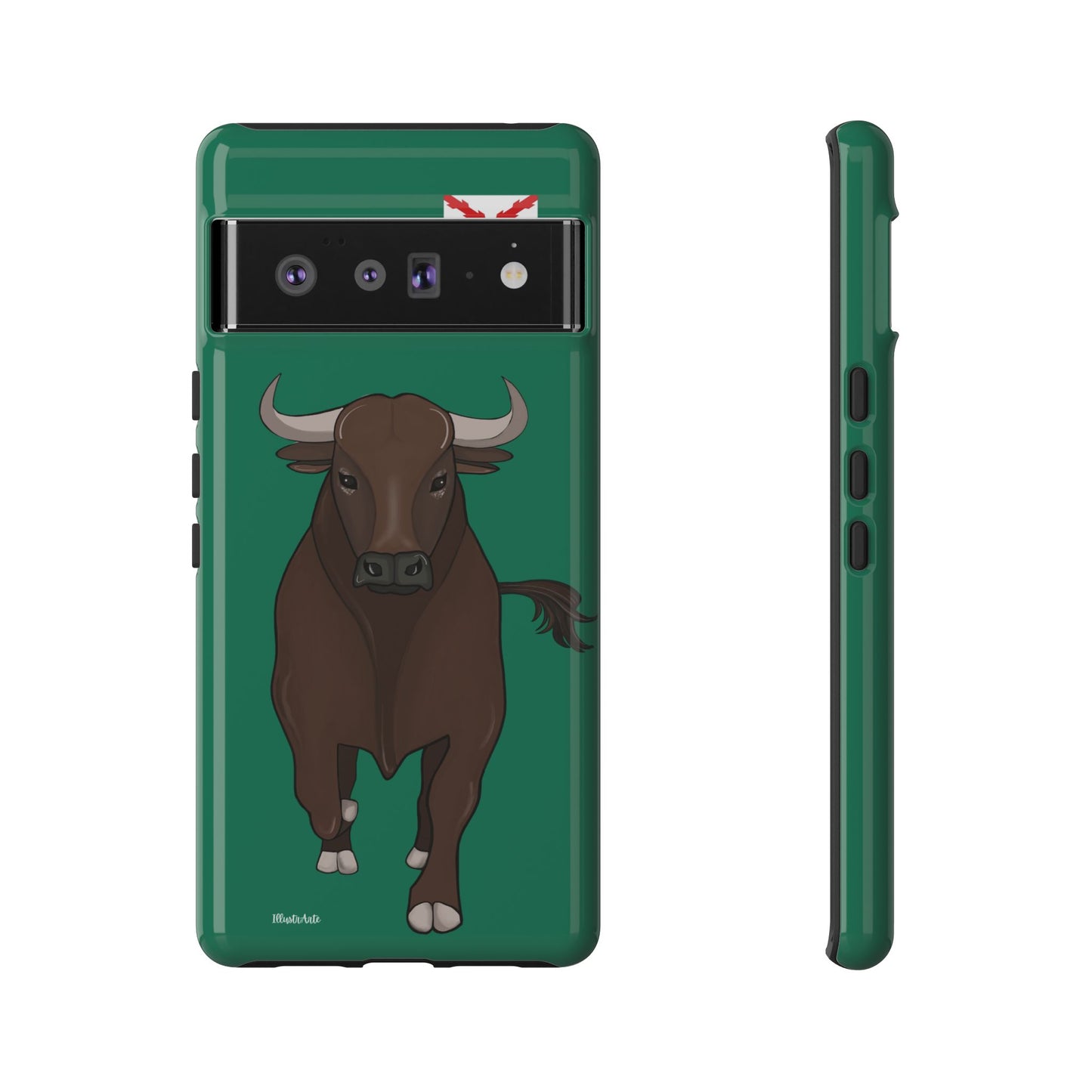 una funda de teléfono con una imagen de un toro en ella