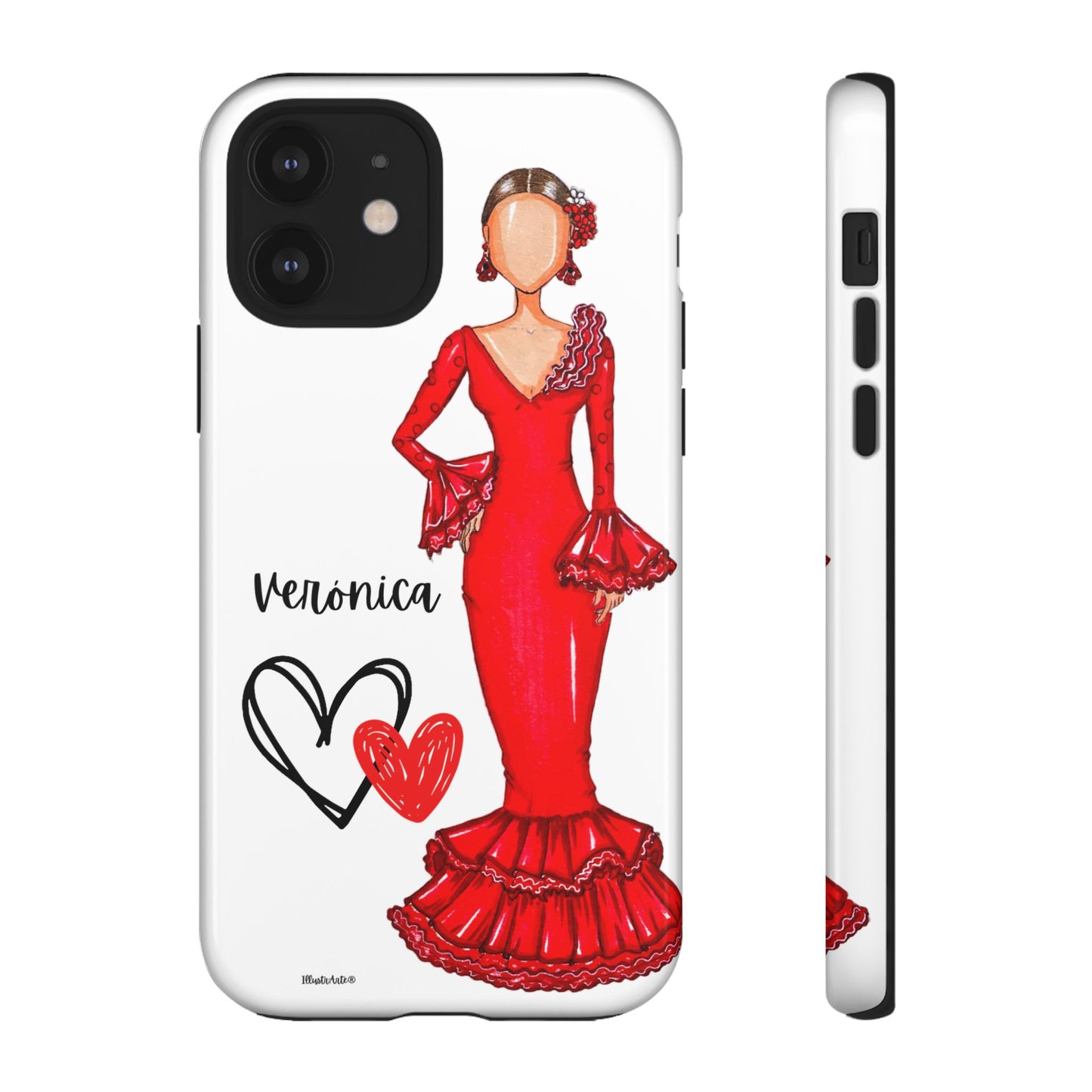 una funda de teléfono con un dibujo de una mujer en un vestido rojo