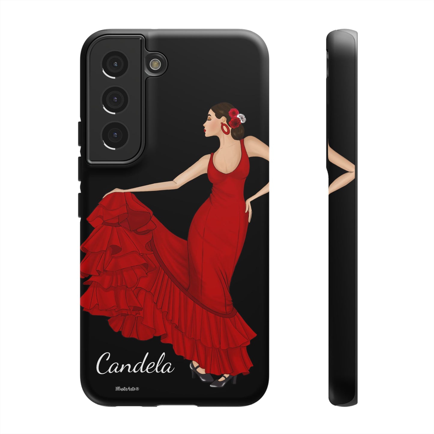 una funda de teléfono con una imagen de una mujer en un vestido rojo