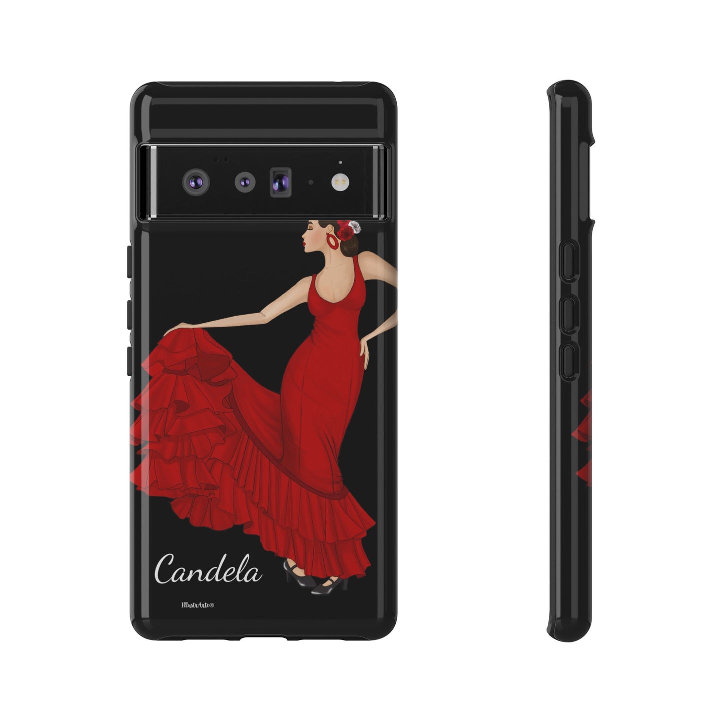 una funda de teléfono con una mujer en un vestido rojo