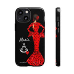 Personalised phone case flamenco dancer María, dark hair, with a little Virgin Mary for iPhone 13 Mini, gloss finish – illustrArte
