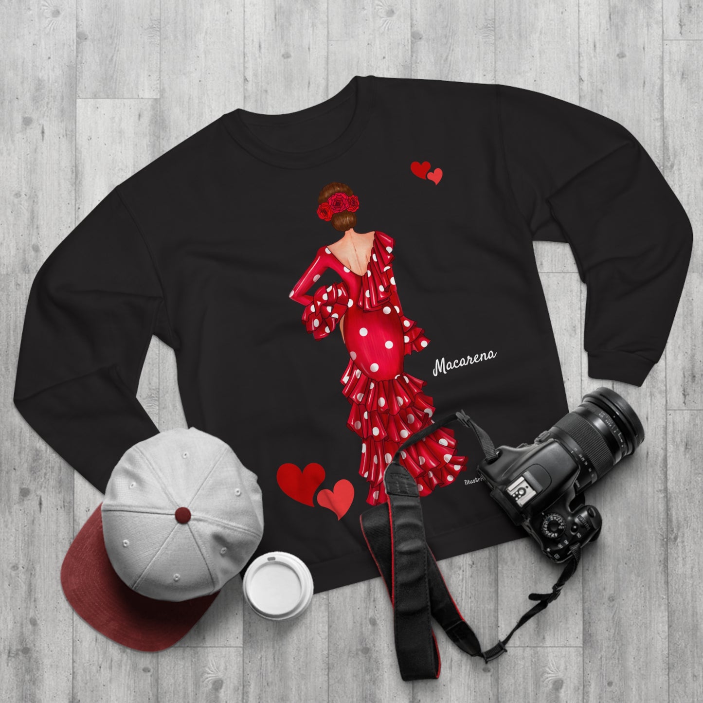 Sudadera Personalizable  - Flamenca Macarena, fondo negro  – Arte, color y comodidad en una sola prenda
