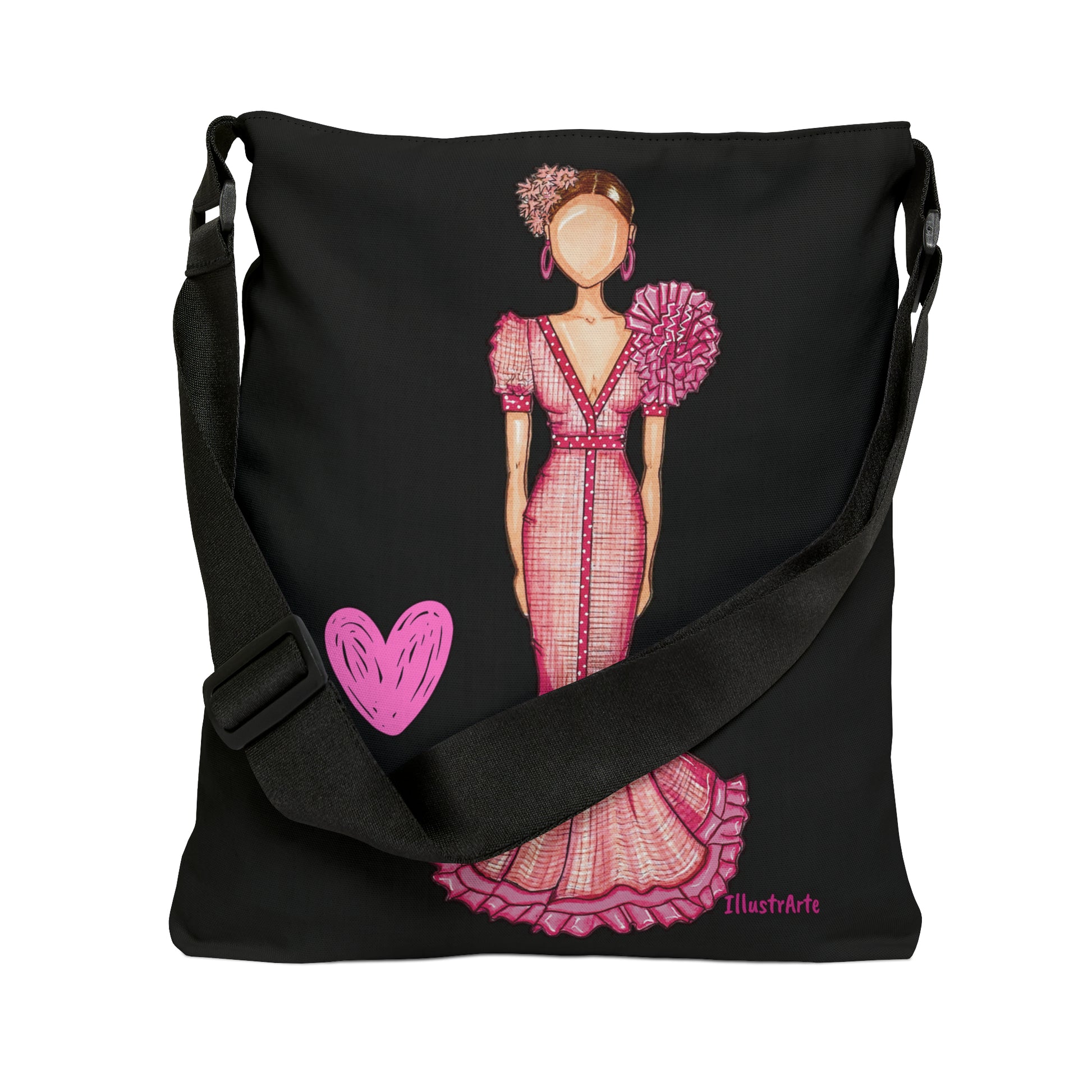 Flamenco Dancer Tote Bag with zip, pink dress and a pink heart design. - IllustrArte